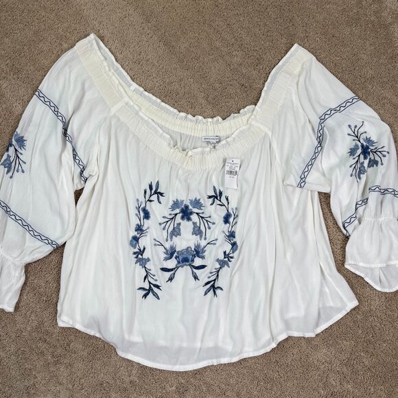 American Eagle Outfitters Tops - American Eagle Shirt Womens XXL White Embroidered Bohemian Off Shoulder Crop NWT
